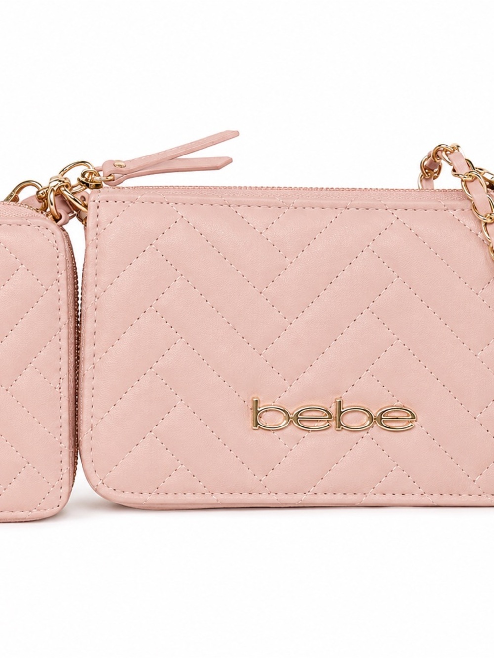 bebe Quilted Chevron Crossbody Bag in Blush Pink with Gold Hardware